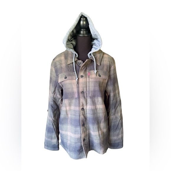 Levis Cotton Plaid Sherpa Lined Hoodie Jacket in Green Ombré, Size Small - Picture 7 of 14